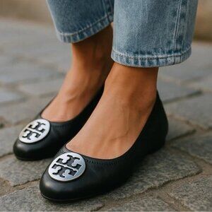 Tory Burch Reva Silver Logo Black Leather Ballet Flats
